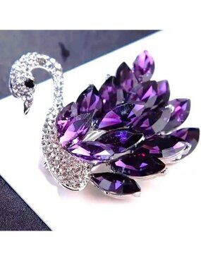 Swan Brooch Rhinestone Pin Purple Jewels Gems Crystal Silver Sparkle Glam Trendy